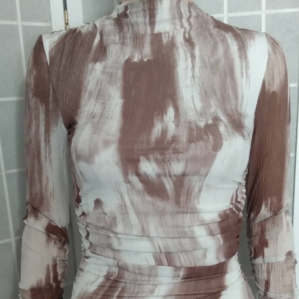 Commense Brown and White Brushstroke Maxi Dress Women's XS -Long  Ruched Sleeves - Picture 5 of 15